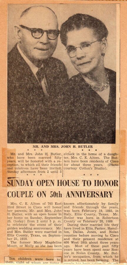 Newspaper notice · John and Mollie Butler 50th anniversary · 1960