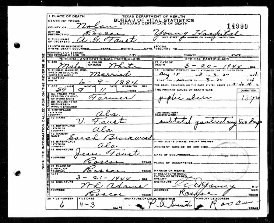 Alfred G. Faust Death Certificate