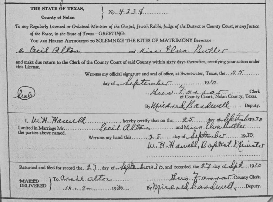 Cecil and Elva Altom Marriage License
