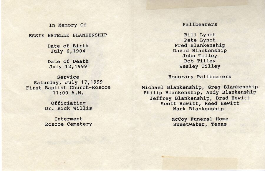 Essie Blankenship Funeral Program