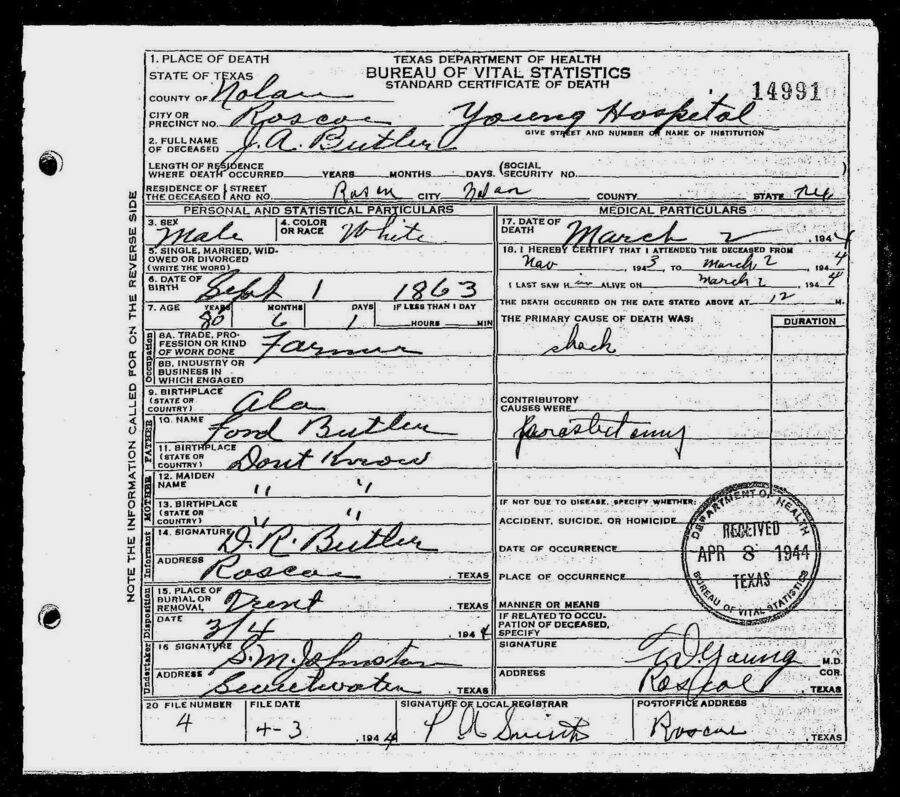 John A. Butler Death Certificate