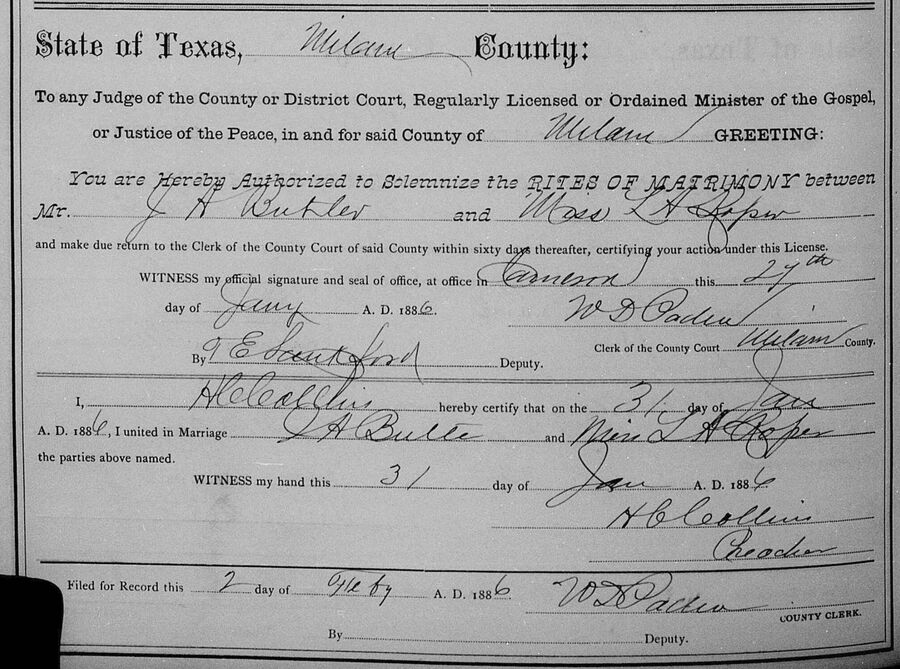 John and Lizzie Butler Marriage License