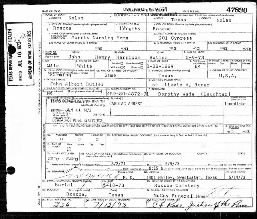 John H.H. Butler Death Certificate