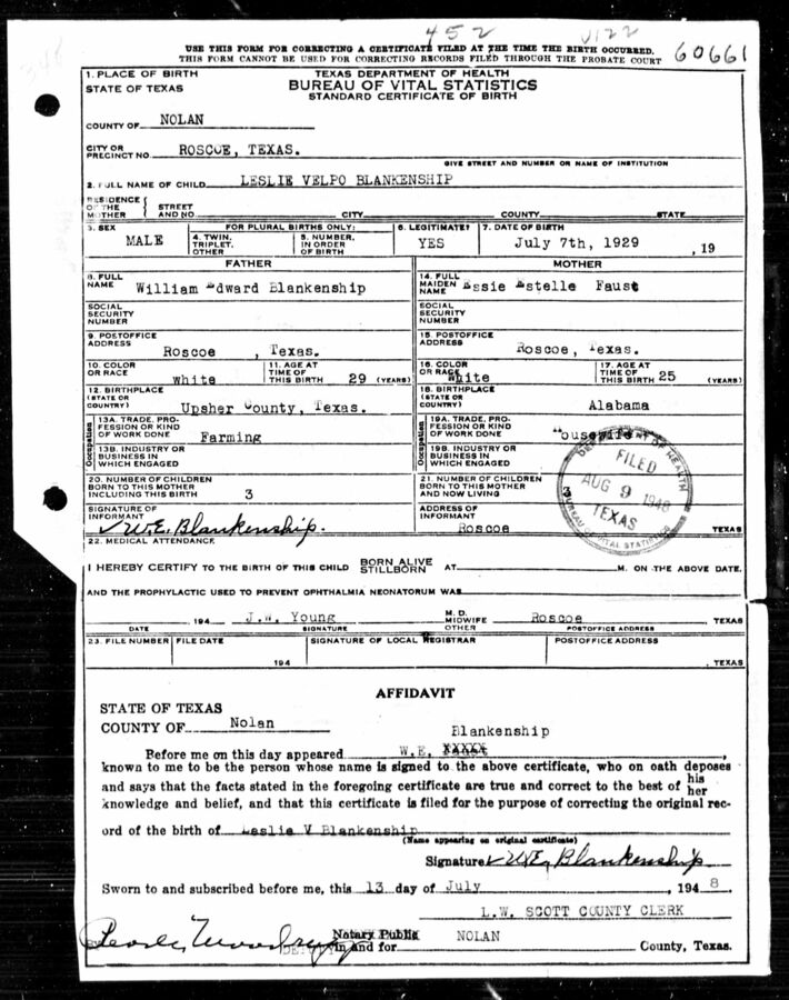Leslie Velpo Blankenship Birth Certificate