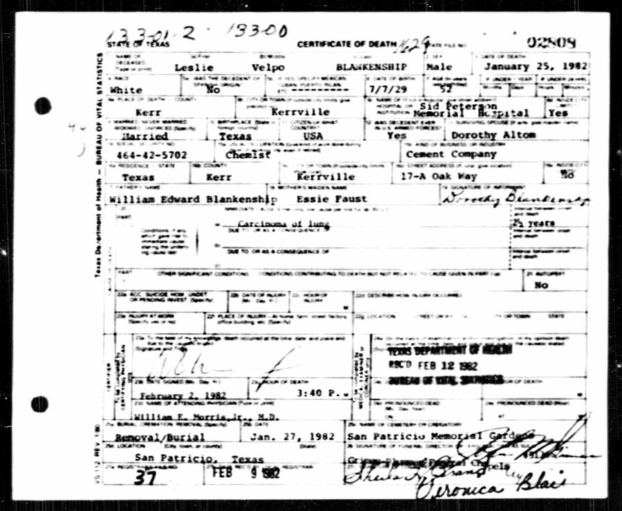 Leslie Velpo Blankenship Death Certificate