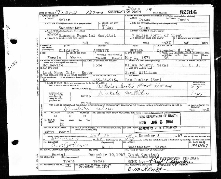 Lizzie Butler Death Certificate