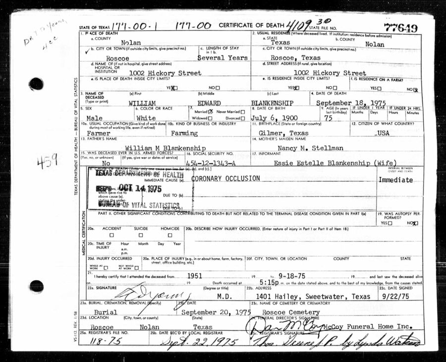 William E Blankenship Death Certificate